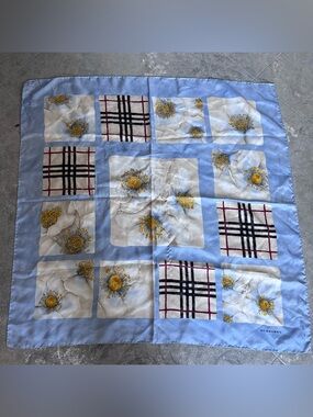 Large Burberry Light Blue Floral & Check Silk Square Scarf